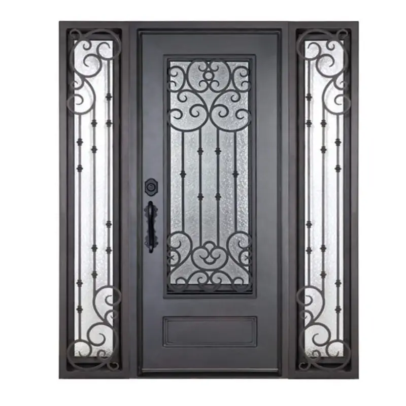 Cheap price modern design house entrance main door wrought steel iron security door prices with sidelight