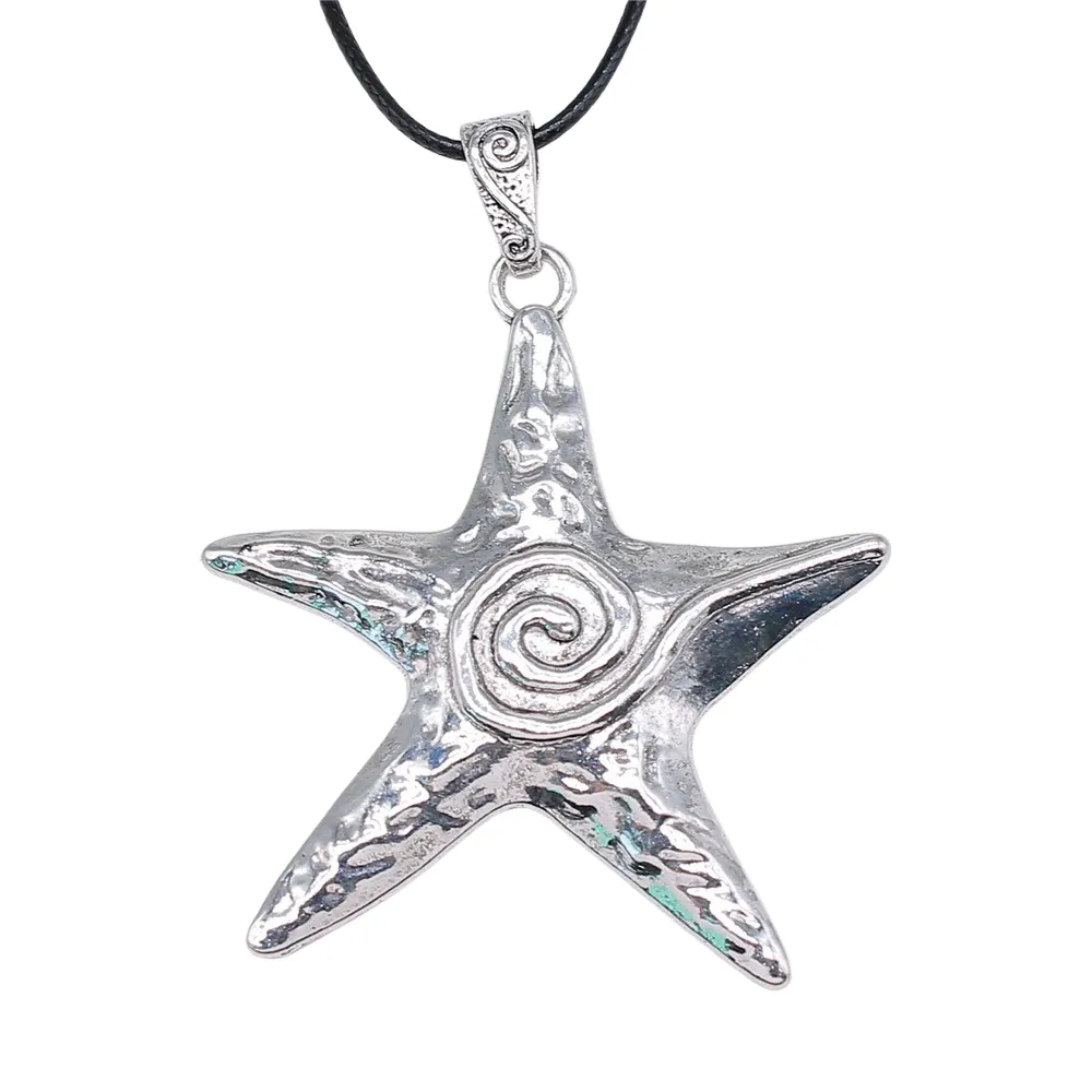 WYSIWYG-colgante de estrella de mar Chapado en plata antigua de 70x66mm, cordón de cuero negro, cadena de cuerda, collar N6-ABD-C13864