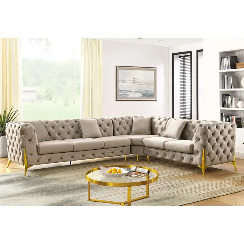 Winforce terciopelo de lujo en forma de L sofá Chesterfield sofá muebles de sala de estar sofá seccional conjunto de tela copetudo sofá de esquina