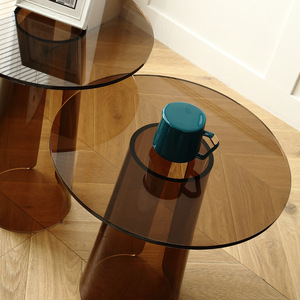 Juego de mesa de centro anidada moderna, mesa auxiliar de extremo acrílico para sala de estar, mesita de noche redonda marrón transparente, escritorio - Product Image 5