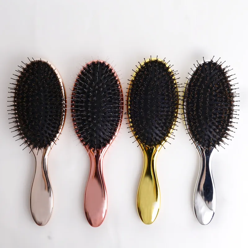 Escova de cabelo luxuosa, dourado e prateado, cerda de javali, massagem antiestática, escova de extensão de cabelo