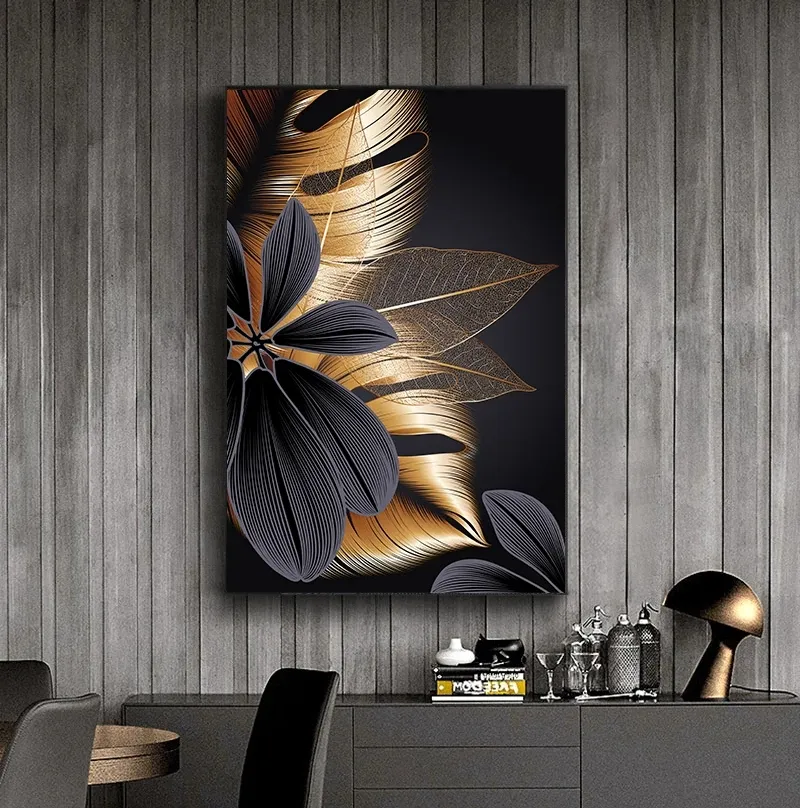 Cuadro de arte nórdico para decoración de sala de estar, lienzo de planta dorada negra, póster impreso, pintura abstracta moderna para pared