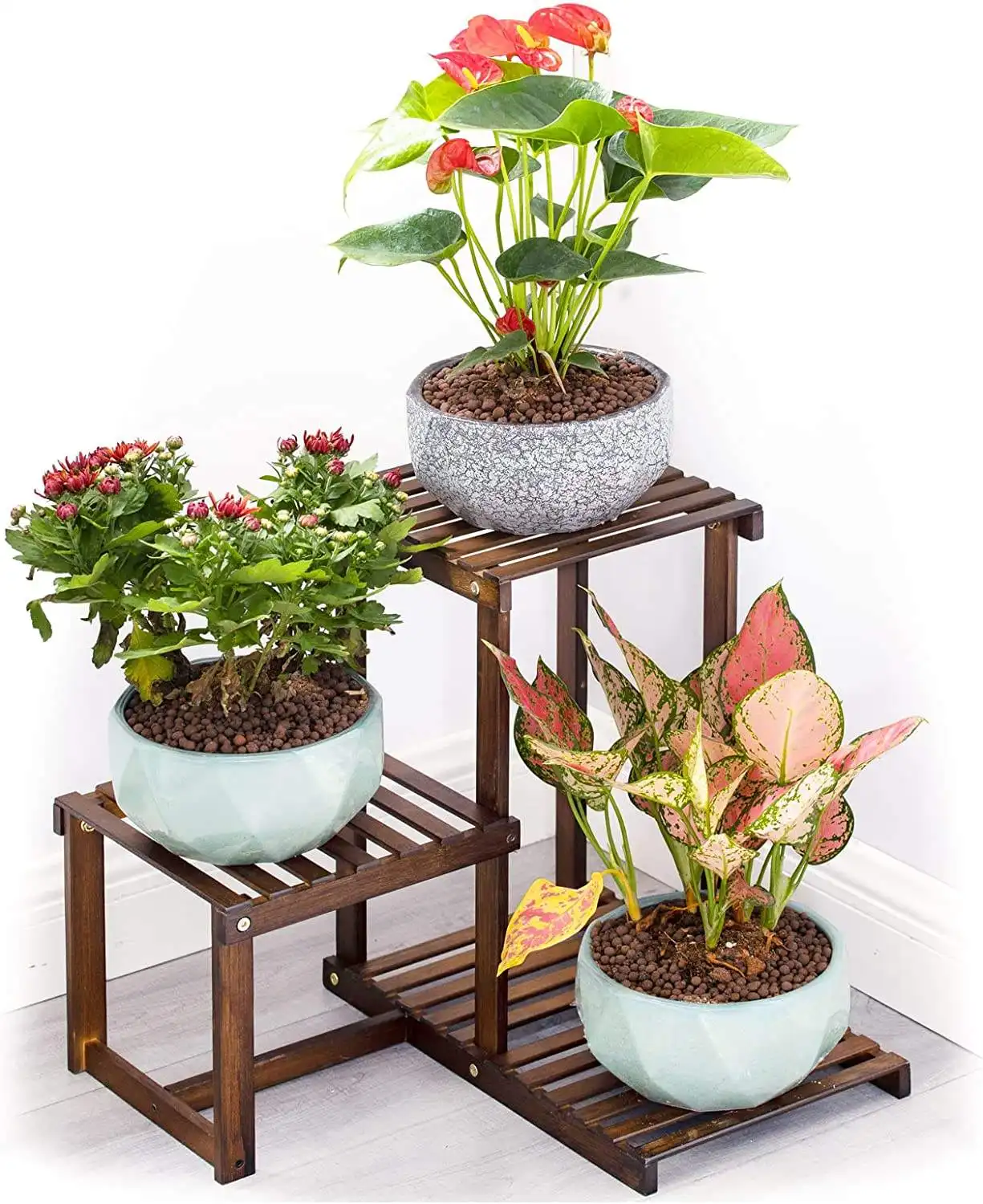 Porte-fleur en bambou à 3 niveaux support en bois présentoir à fleurs pot étagère de jardin support pour plantes