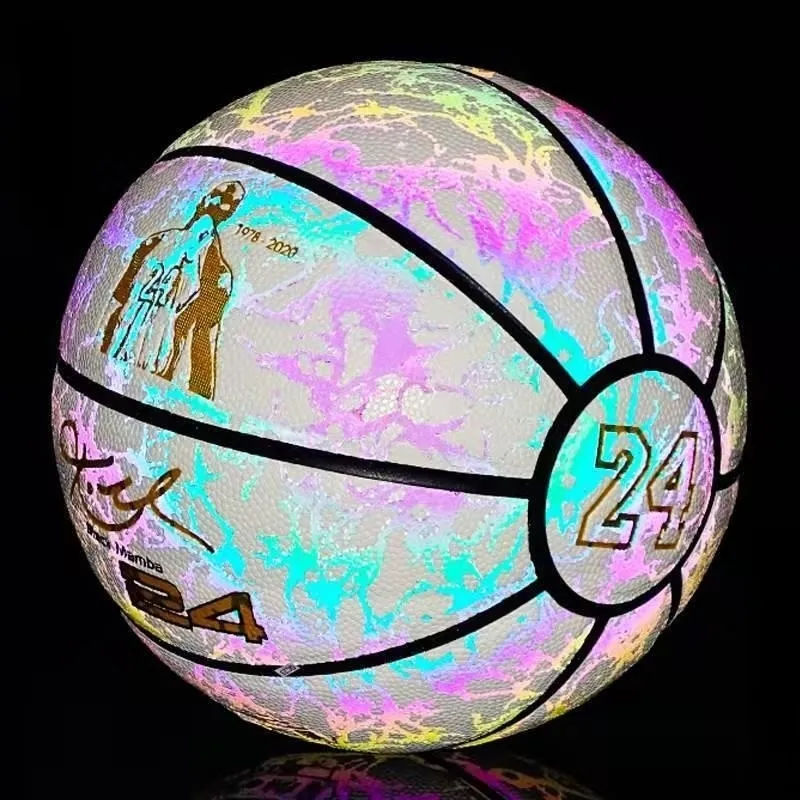 Personalização Logotipo Holográfico pu Basquete Reflexivo brilho na bola de basquete escuro com luz