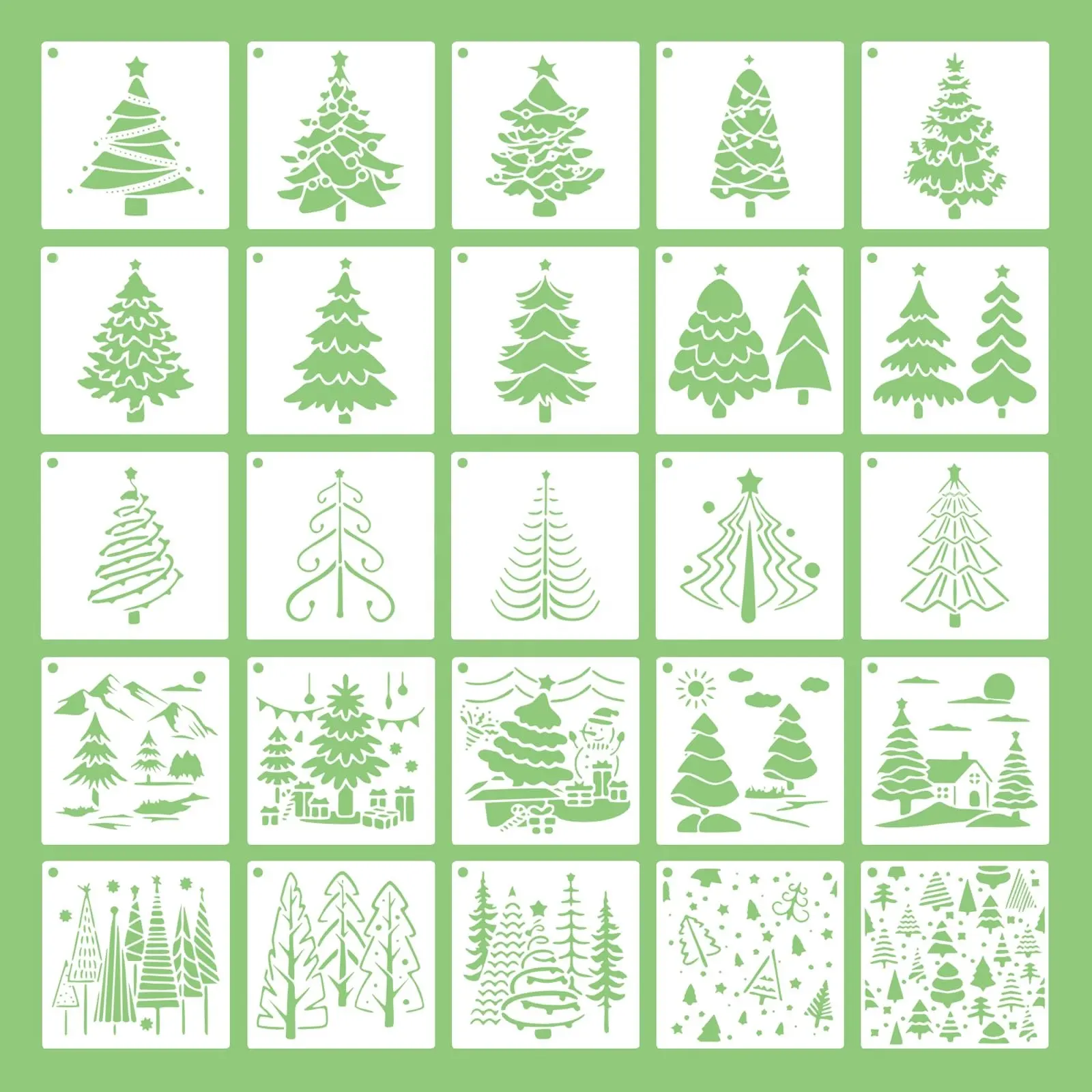 25 قطعة من ستينسلات شجرة الصنوبر مقاس 4 × 4 بوصة نماذج شجرة عيد الميلاد الصغيرة للرسم على الجدران الخشبية ديكور المنزل