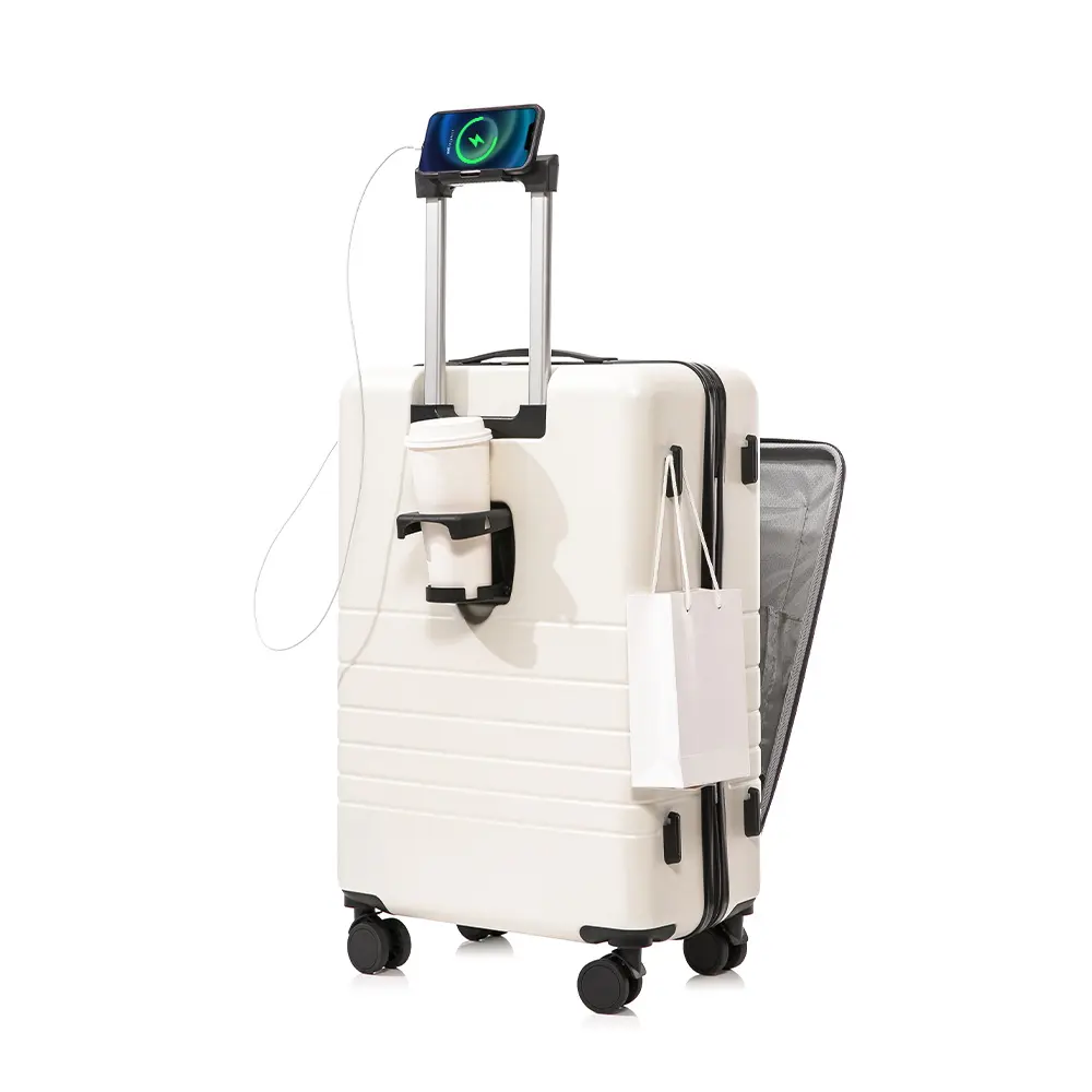 حقيبة سفر مفتوحة من الأمام مع جيب على الجانب الصلب بها 4 عجلات للاستعمال في السفر