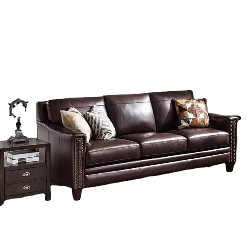 Sofá antiguo de cuero genuino superior 100%, chaise lounge de estilo americano con marco de madera maciza, 3 asientos + 2 asientos + 1 asiento, sofá de cuero