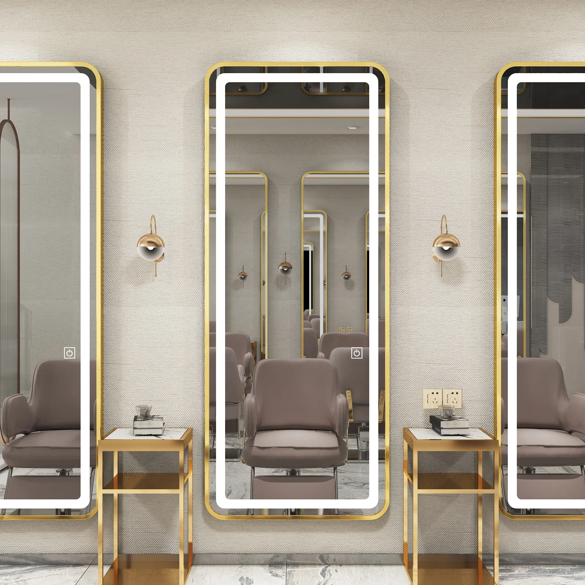 Modern Fashion Mirror Touch Dimmer Switch Gold barbershop Mirror Luxury salon station lighted mirror design with touch