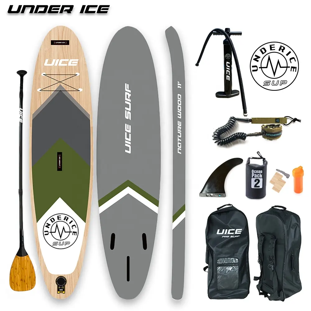 UICE Triple Layer Stärkstes Holz design Aufblasbares Sup Stand Up Paddle Board ISUP Air Board Support Custom