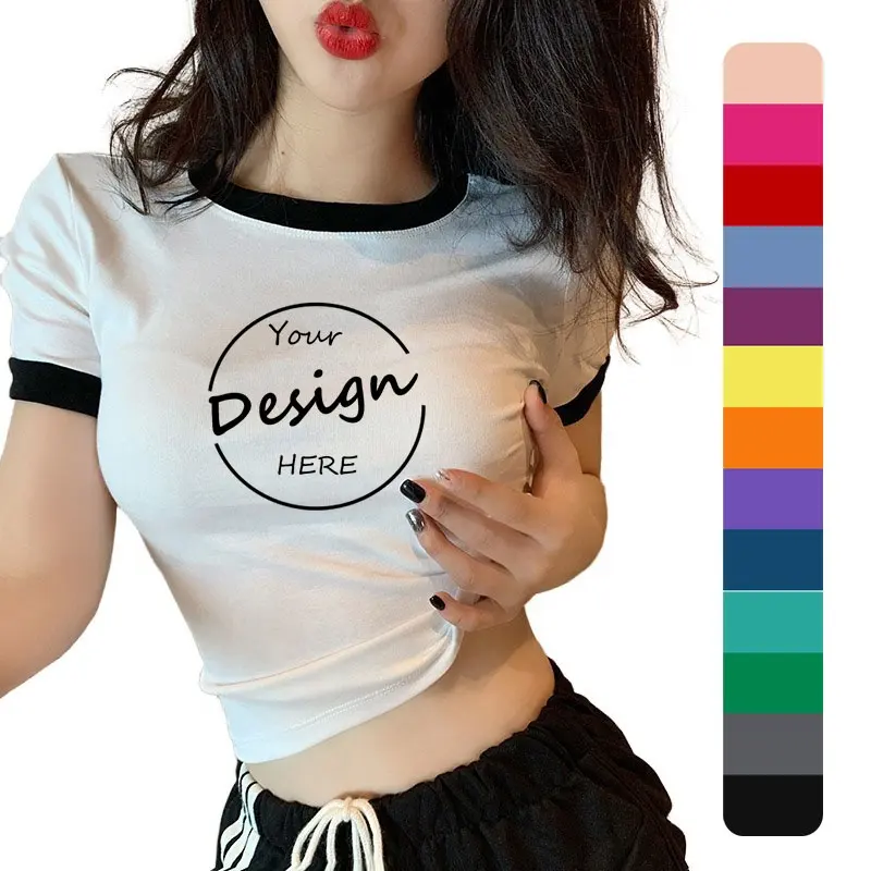 Camiseta recortada con diseño de logotipo personalizado para mujer de alta calidad, Tops para mujer, Top corto blanco ajustado informal para mujer