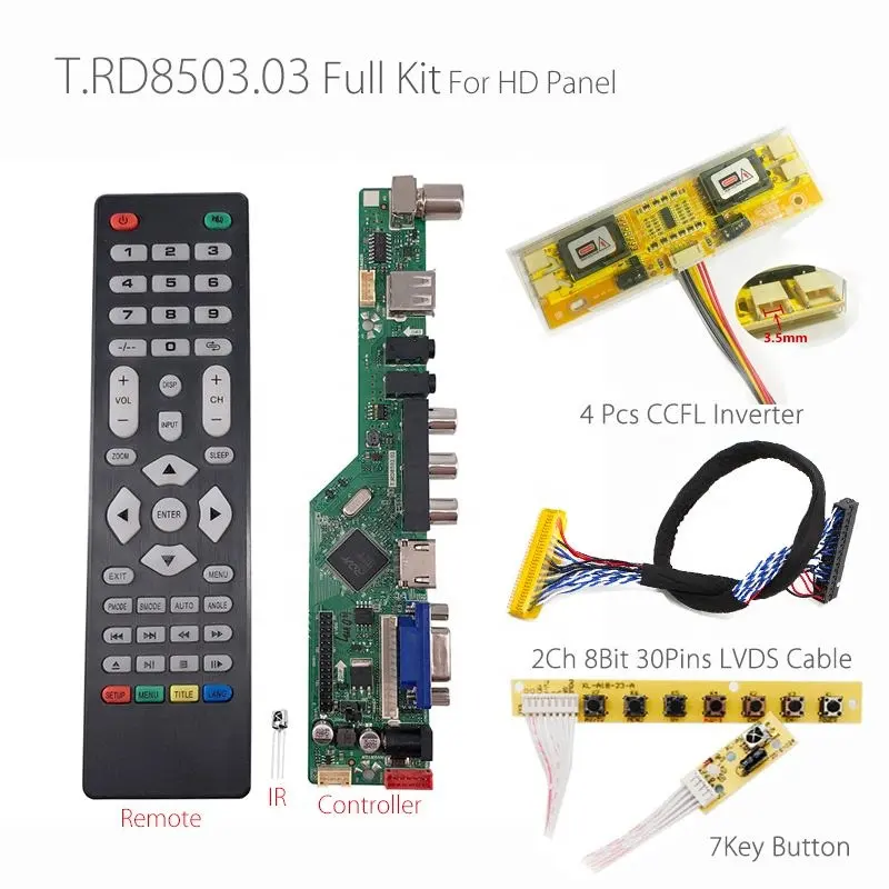 T.RD8503.03 Universal LCD LED TV Controller Driver Papan TV/PC/VGA/USB + 7 Tombol Kunci + 2ch 8bit 30 LVDS Cable + 4 Lampu Inverter