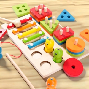 YSJ 3 in 1 Educational Musical Xylophone <strong>Shape</strong> <strong>Sorting</strong> Blocks Stacking Wood Toys Montessori Fish Game for Kids - Product Image 4