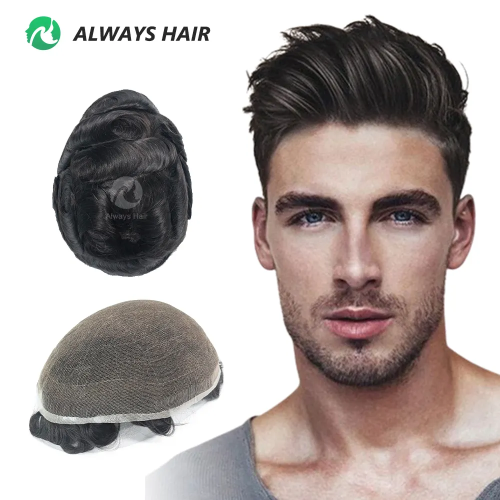 Nudos de lejía para hombres, línea de cabello Natural, sistema de reemplazo de cabello francés completo, tupé