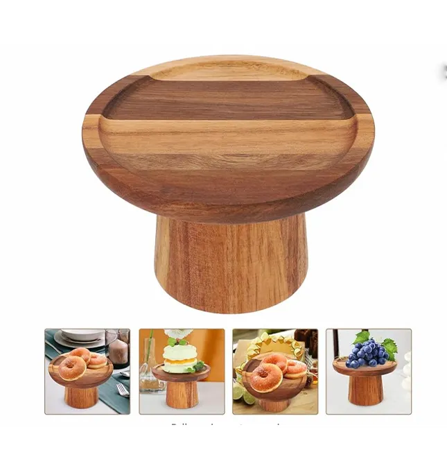 Bandeja redonda de madera decorada para pastel que muestra la bandeja del servidor con soporte de madera