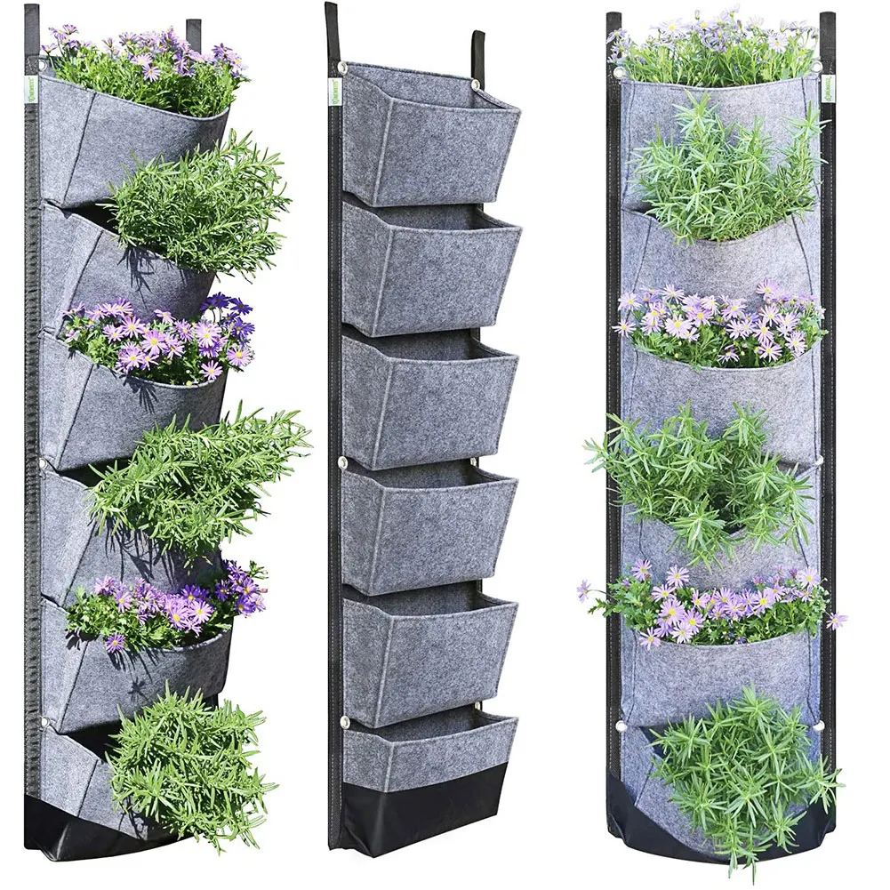 High quality grey large pocket vertical wall hanging planting bag Back waterproofing planter grow bag