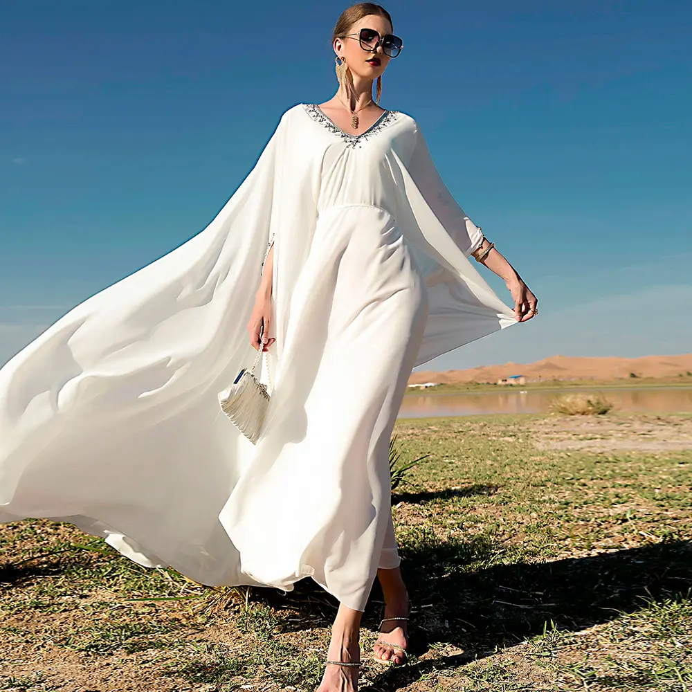 Elegante weiße muslimische Ruhm Abaya Frauen einfache Mode Hochzeit Ruhm muslimisches Kleid