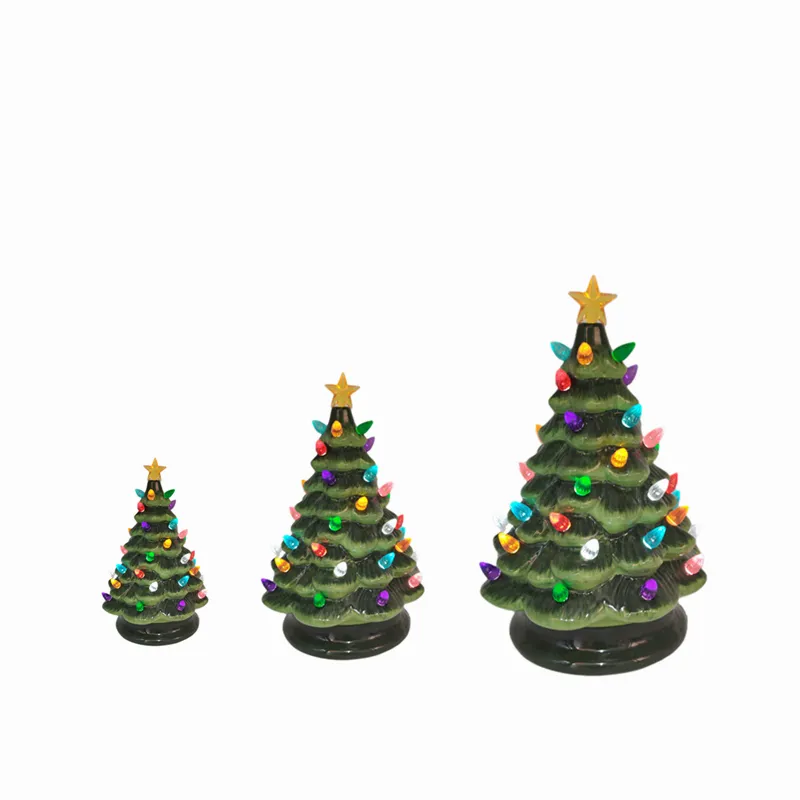 Atacado cerâmica artificial decoração mini artesanato árvore de natal com luzes coloridas