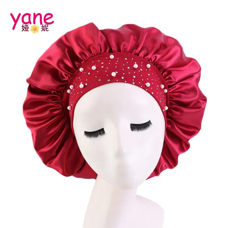 Adult Hair Bonnets Seide mit bester Qualität Double Layer Satin Bonnets Luxus Western Schlaf hüte mit Perlen diamant Dekoration