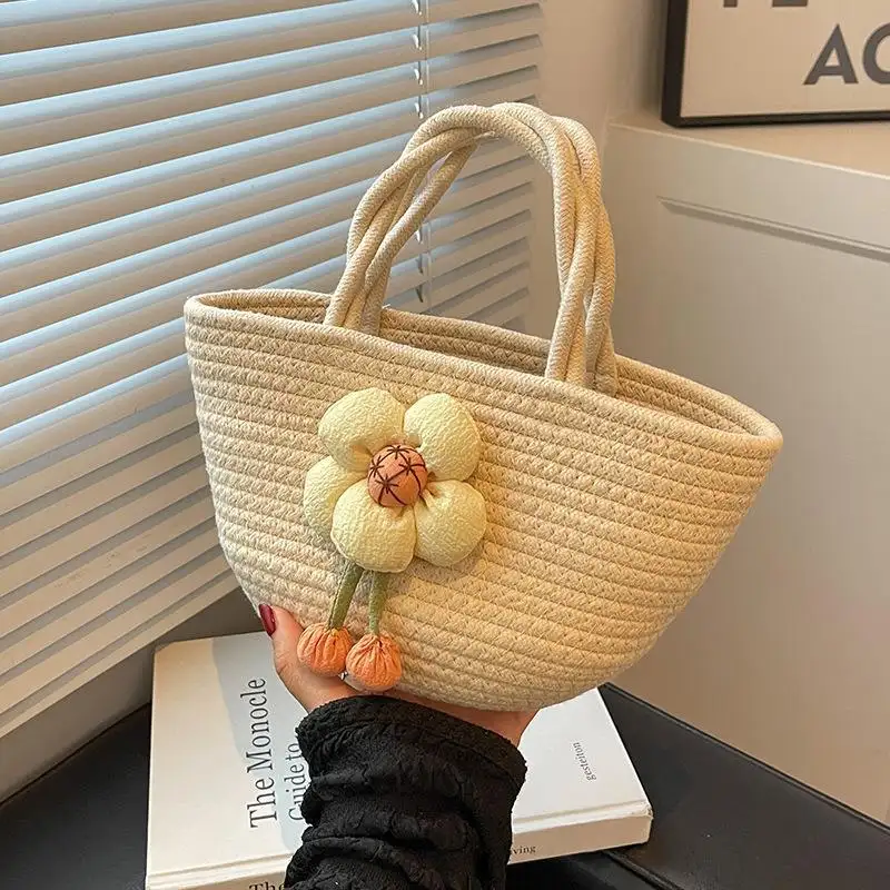 Yaz basit Trendy büyük kapasiteli Shopper sevimli renkli çiçek çanta rahat dokuma pamuklu etek aksesuarı halat bez çantalar