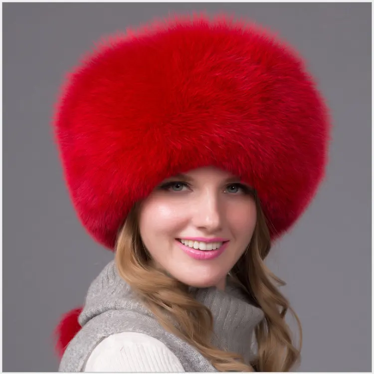 السيدات منفوش الشتاء مخصصة الملونة كبيرة الروسية بوم بوم الحقيقي الثعلب الفراء قبعة تحتوي على كرة من الفرو
