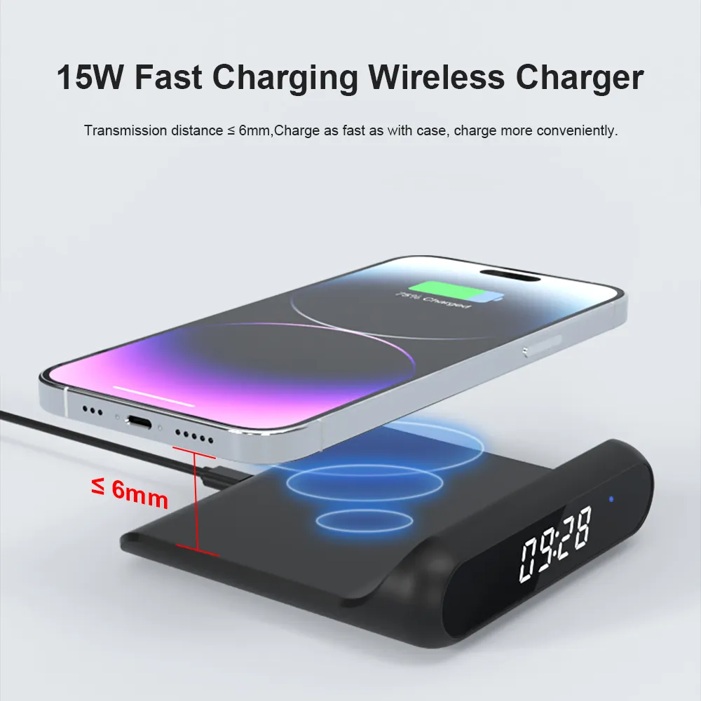 Meilleure vente téléphone cargador 15w réveil à affichage numérique 3 en 1 chargeur de téléphone sans fil