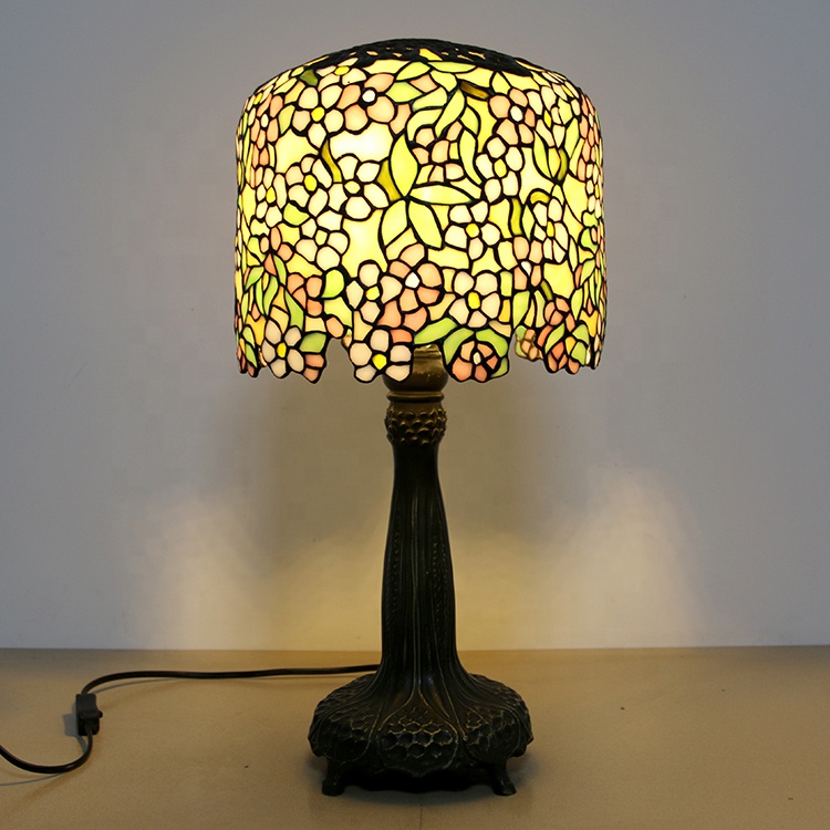 LongHuiJing 10-inches Wisteria Tiffany Style Stained Glass Table Lamp with Brass Finish Base