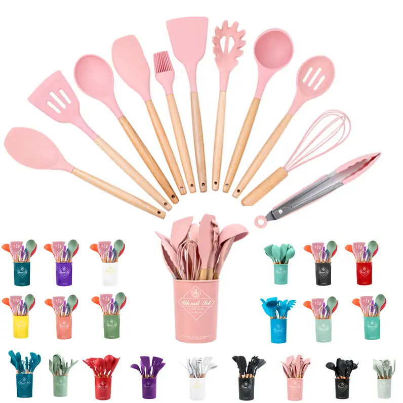 12 pezzi utensili da cucina in Silicone Set di utensili da cucina pinze, spatola, cucchiaio, pennello manico in legno