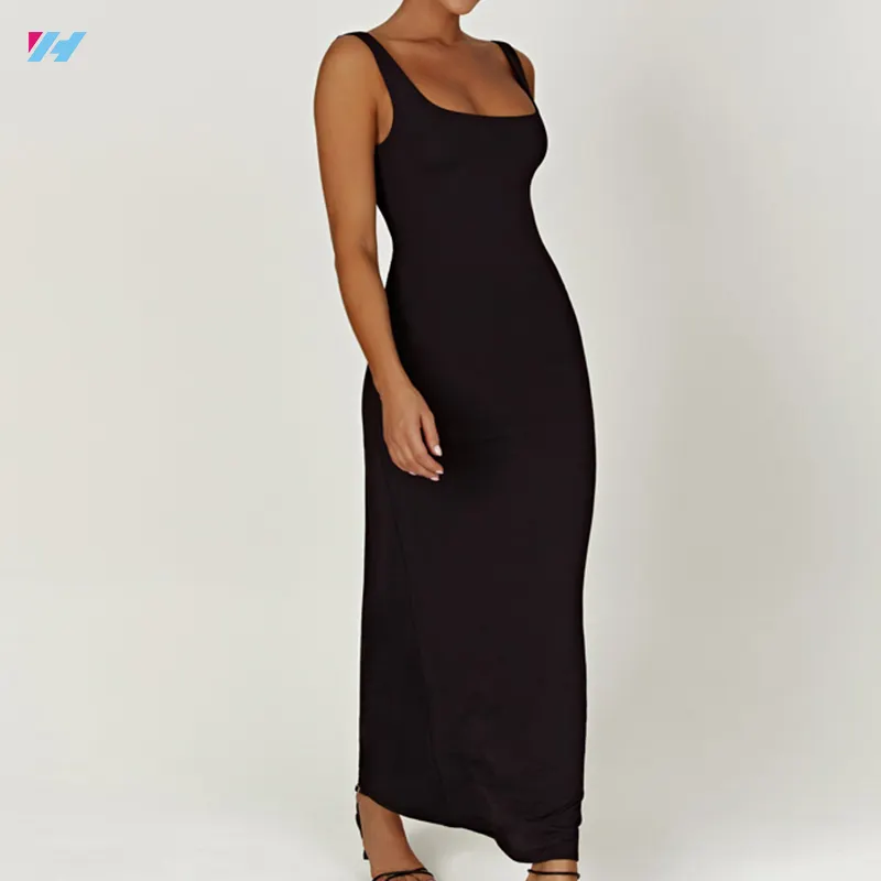 Custom High Quality Casual Elegant Lady Cotton Black Tank Top Dresses Straight Knit Long Maxi Dress For Women