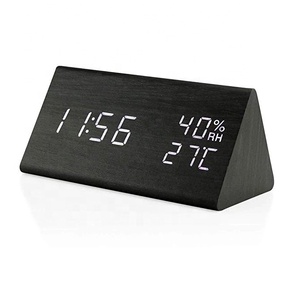 Wooden Alarm Clock Triangle Shaped <strong>Temperature</strong> Humidity LED <strong>Digital</strong> Wood Thermometer Time Wooden Clock Voice Control Desk Clock - Product Image 1