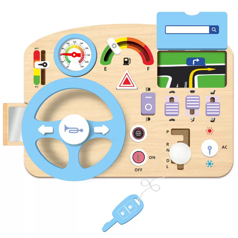 Tableau d'activités pour la petite enfance, volant d'orientation bleu.