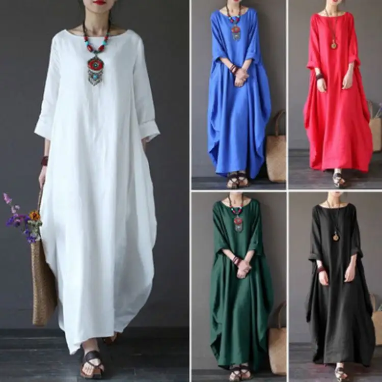 3xl 4xl 5xl Baumwolle Damen Maxi kleid Große Größe Sommer Herbst Lose Leinen Langarm, Übergröße Weiß Rot Blau Boho Kleider/