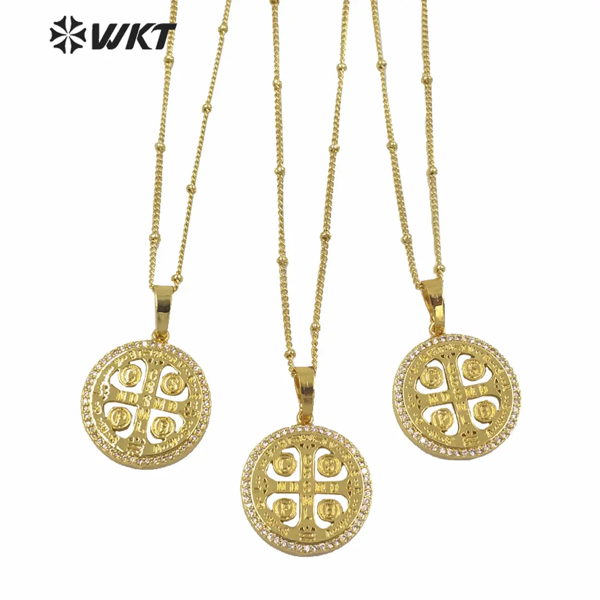 Collar de Cruz de metal galvanizado con circonita, color dorado, WT-MN969, cruz cristiana redonda, venta al por mayor
