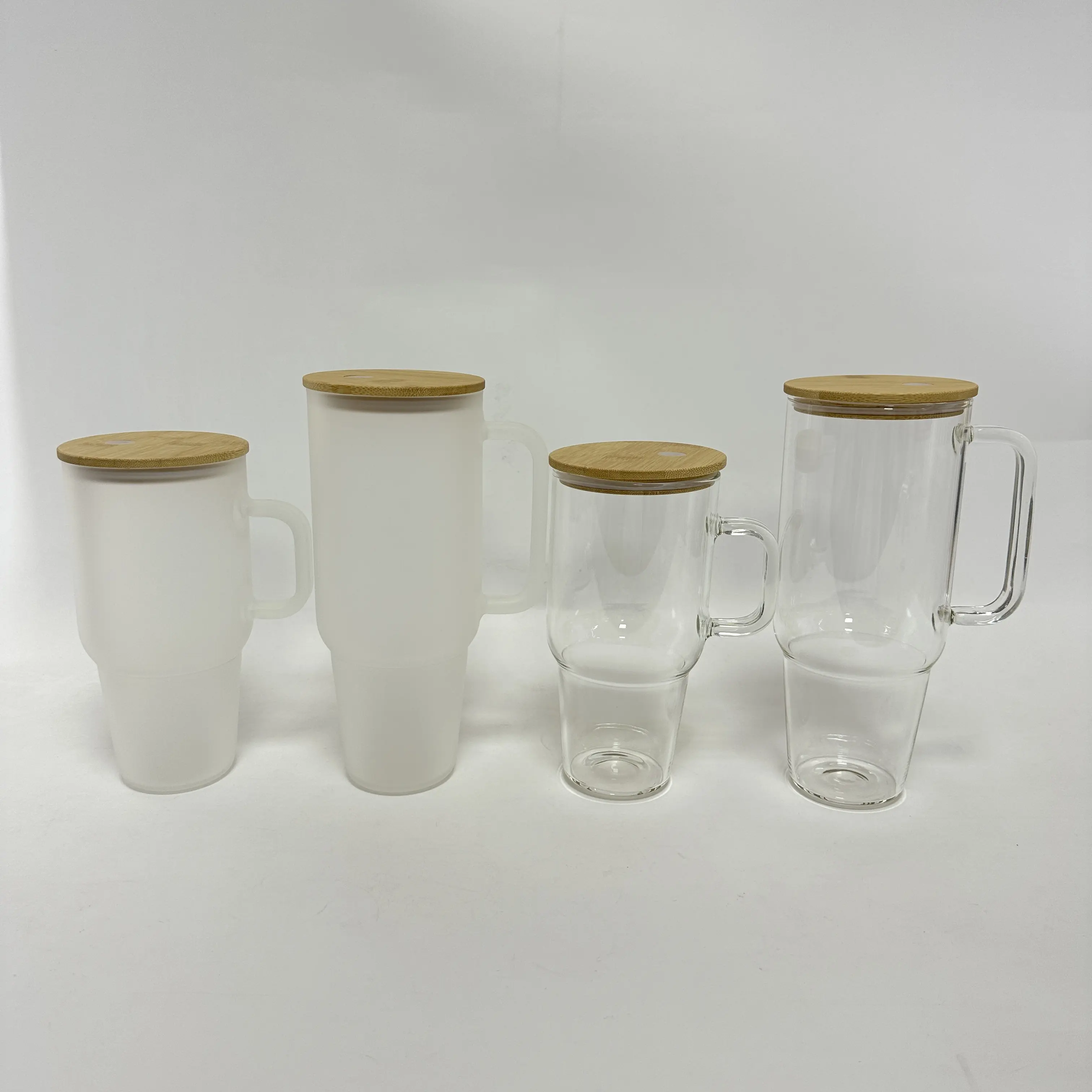 Vaso de agua de vidrio con mango, jarra de viaje de 40oz, 32oz, transparente, esmerilada, con tapas de bambú y pajita