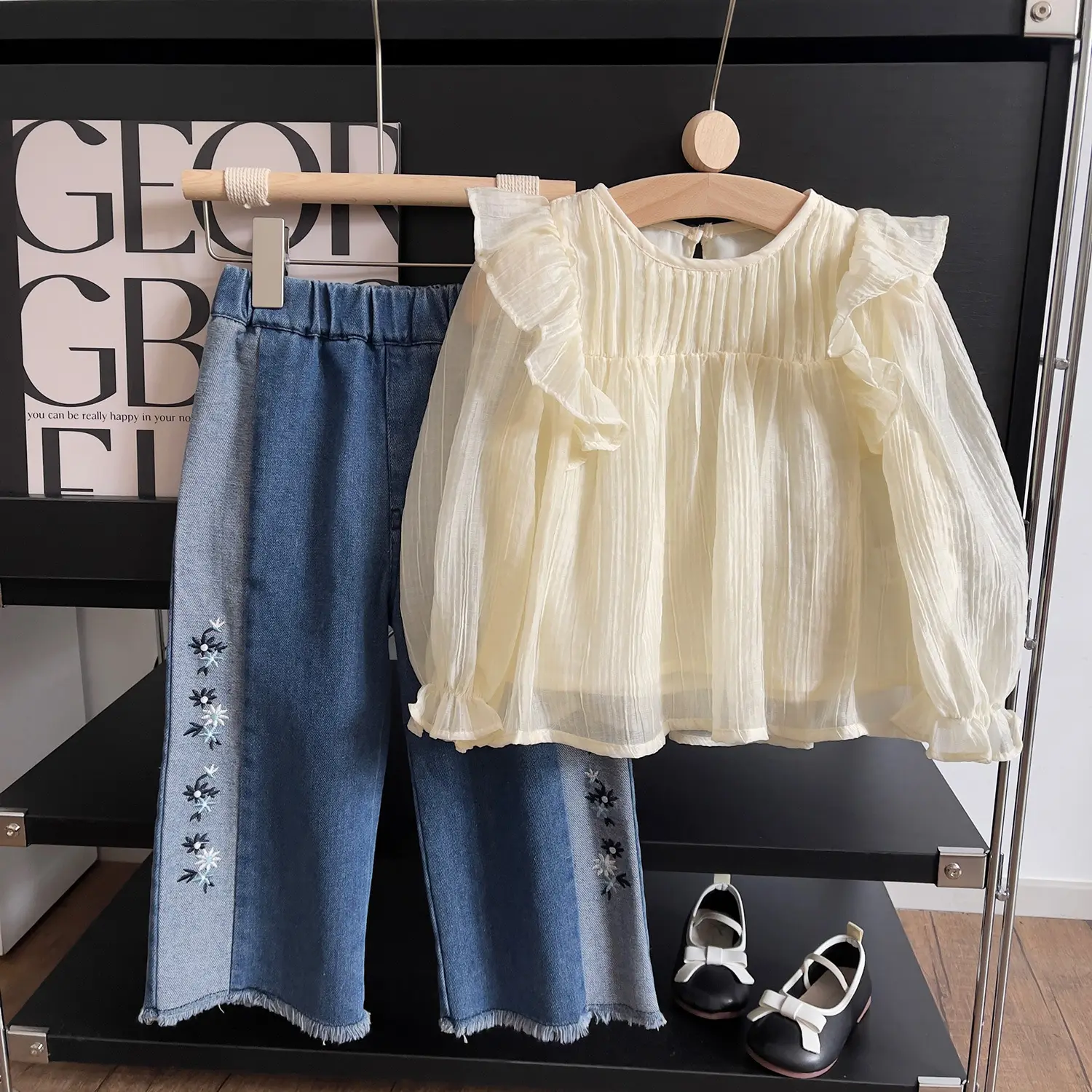 2024 nuove ragazze primavera autunno denim set di abbigliamento per bambini ragazza camicia con volant jeans 2 pezzi set di vestiti