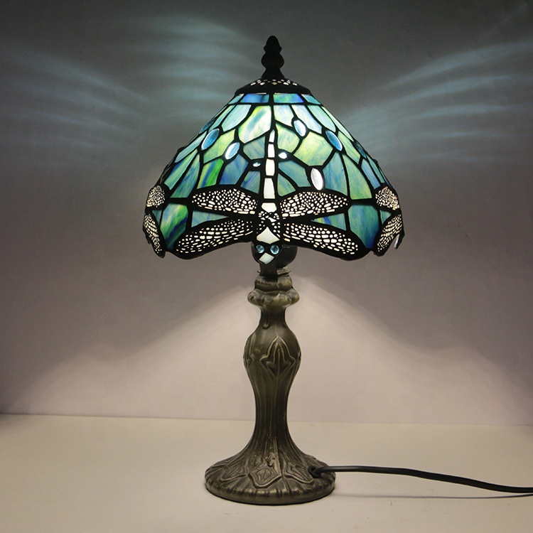 LongHuiJing High End Quality Tiffany Stained Glass table lamp Restaurant Crystal desk Lamps Mediterranean Blue Dragonfly Light