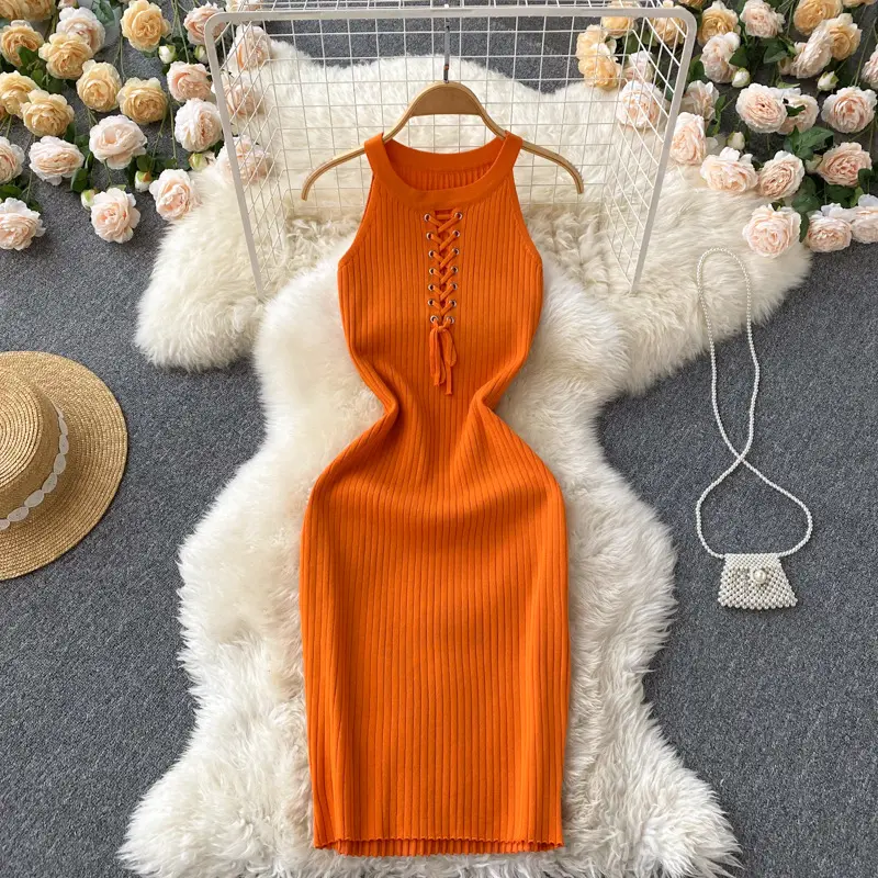 En gros Coréen Sans Manches Parti Club Robes Crayon Moulante Sexy Robe Crochet Tricot Robe Pull