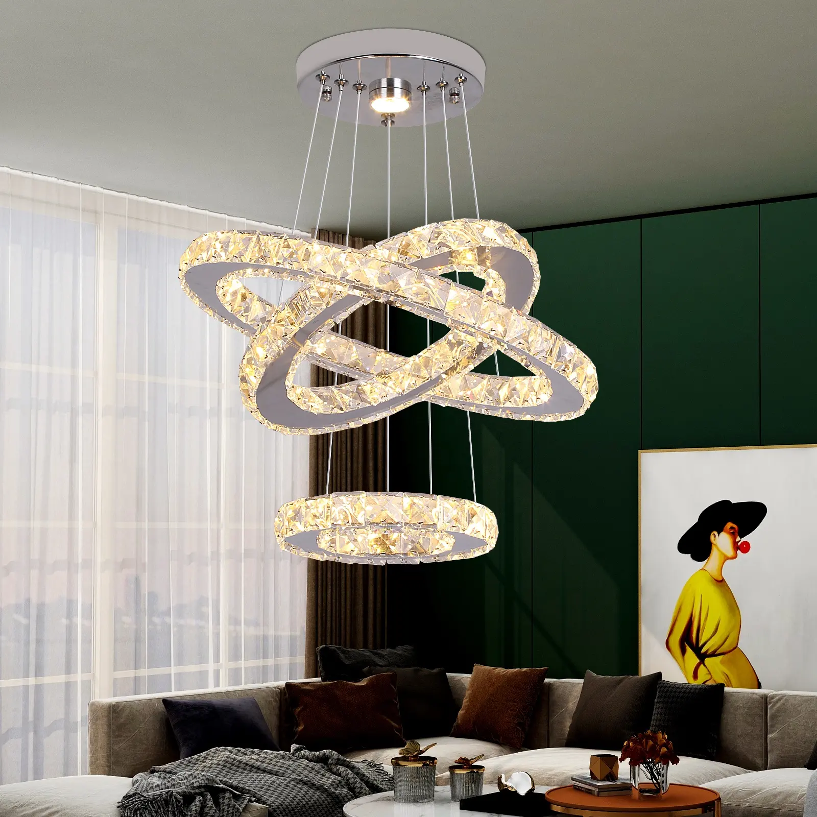 Lustres en cristal K9 clair et moderne en forme de 3 anneaux Luminaire suspendu de luxe pour plafond