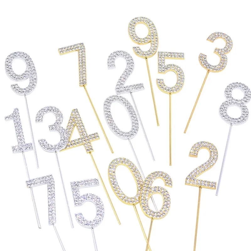 Oro argento 0 1 2 3 4 5 6 7 8 9 numero Toppers cristallo scintillante strass diamante Topper per la festa di compleanno Cake Topper forniture