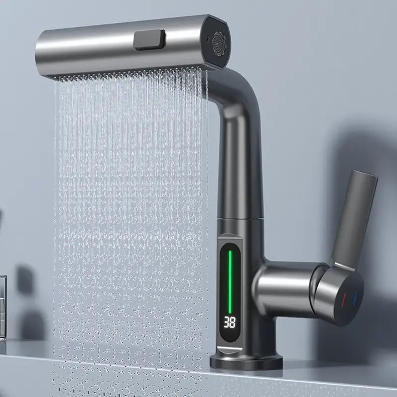 AMAXO İşlevli 360 derece dönen havza musluk LED sıcaklık göstergesi banyo çekin lavabo su musluğu