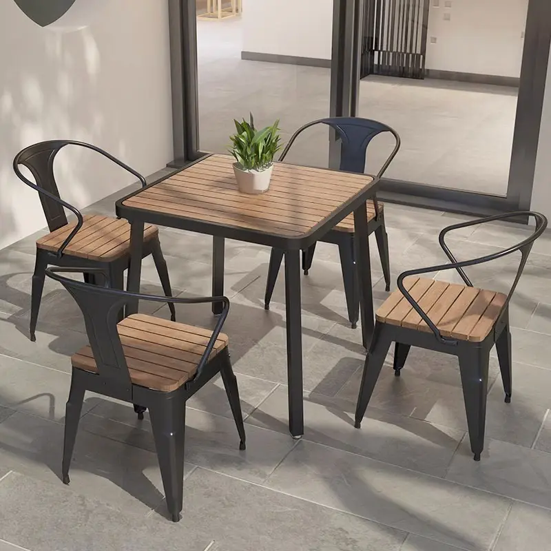 Moderno simples pátio ao ar livre móveis de madeira plástica mesa de jantar e cadeiras definidas para restaurante