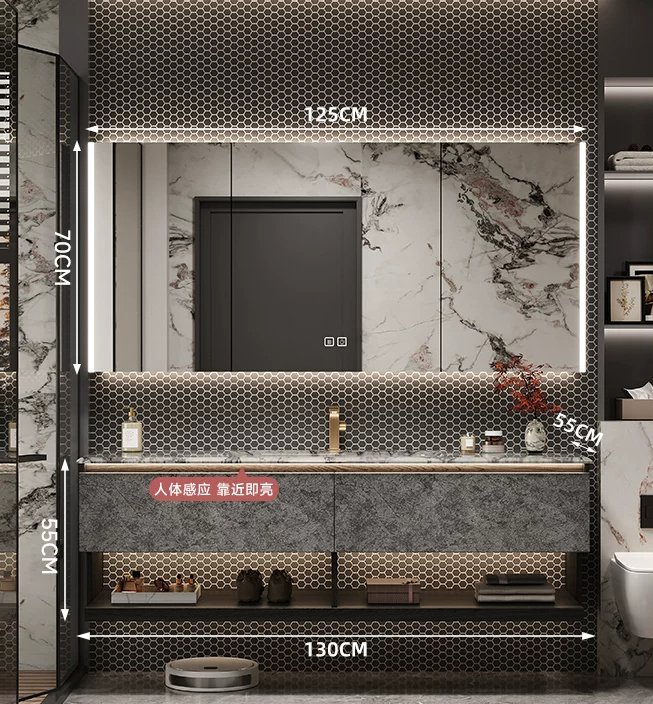 130cm Marble Countertop& Ceramic Sink+smart cabinet