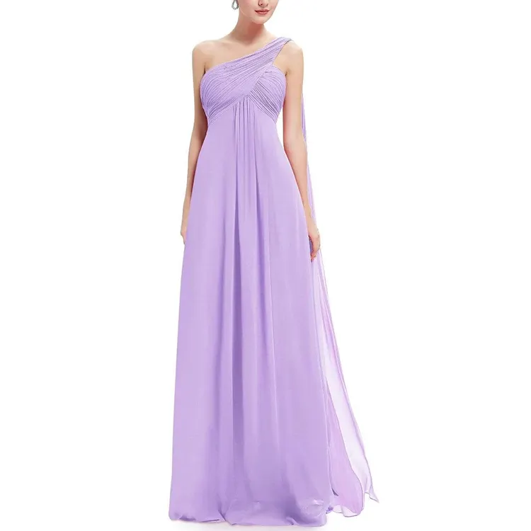 Produttore di abiti viola pieghettato elegante una spalla avvolgere abiti da damigella d'onore lungo abito da sera in Chiffon per le donne