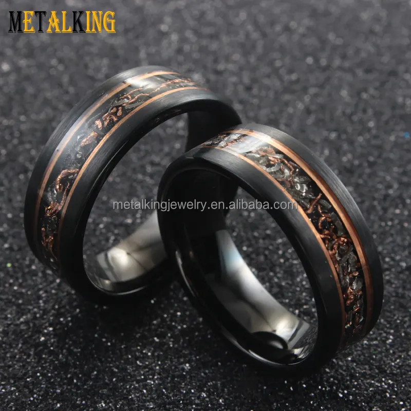 Black Tungsten Carbide Ring Crushed Meteorite and Copper Inlay,Two Rose gold Strips,Brushed