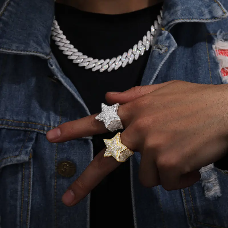 Joyería de Hip Hop, anillo de estrella de cinco puntas de pentagrama sólido Micro pavimentado de circón 5A chapado en oro Real de alta calidad para hombres
