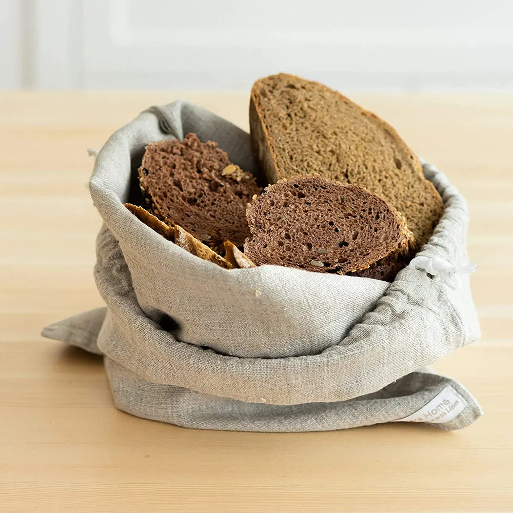 Eco logo personalizzato riutilizzabile borsa di lino con coulisse per alimenti sicuro sacchetti di pane per il pane fatto in casa