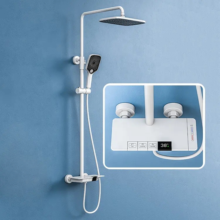 화이트 욕실 샤워 수도꼭지 세트 황동 폭포 샤워 믹서 디지털 디스플레이 피아노 키 강우 샤워 세트 시스템