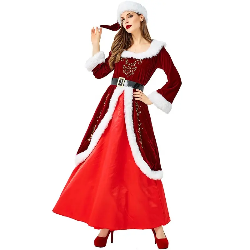 أزياء عيد الميلاد الأوروبي والأمريكية أزياء عيد الميلاد عشية عطلة النبيذ الأحمر أفخم سيدة ملكة أداء ملابس عيد الميلاد فستان طويل