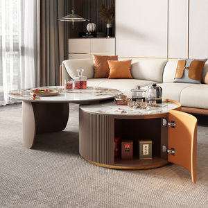 YuanChang, mesa de centro blanca gris, mesa de centro de combinación multifuncional circular de mármol para sala de estar, estilo moderno - Product Image 2