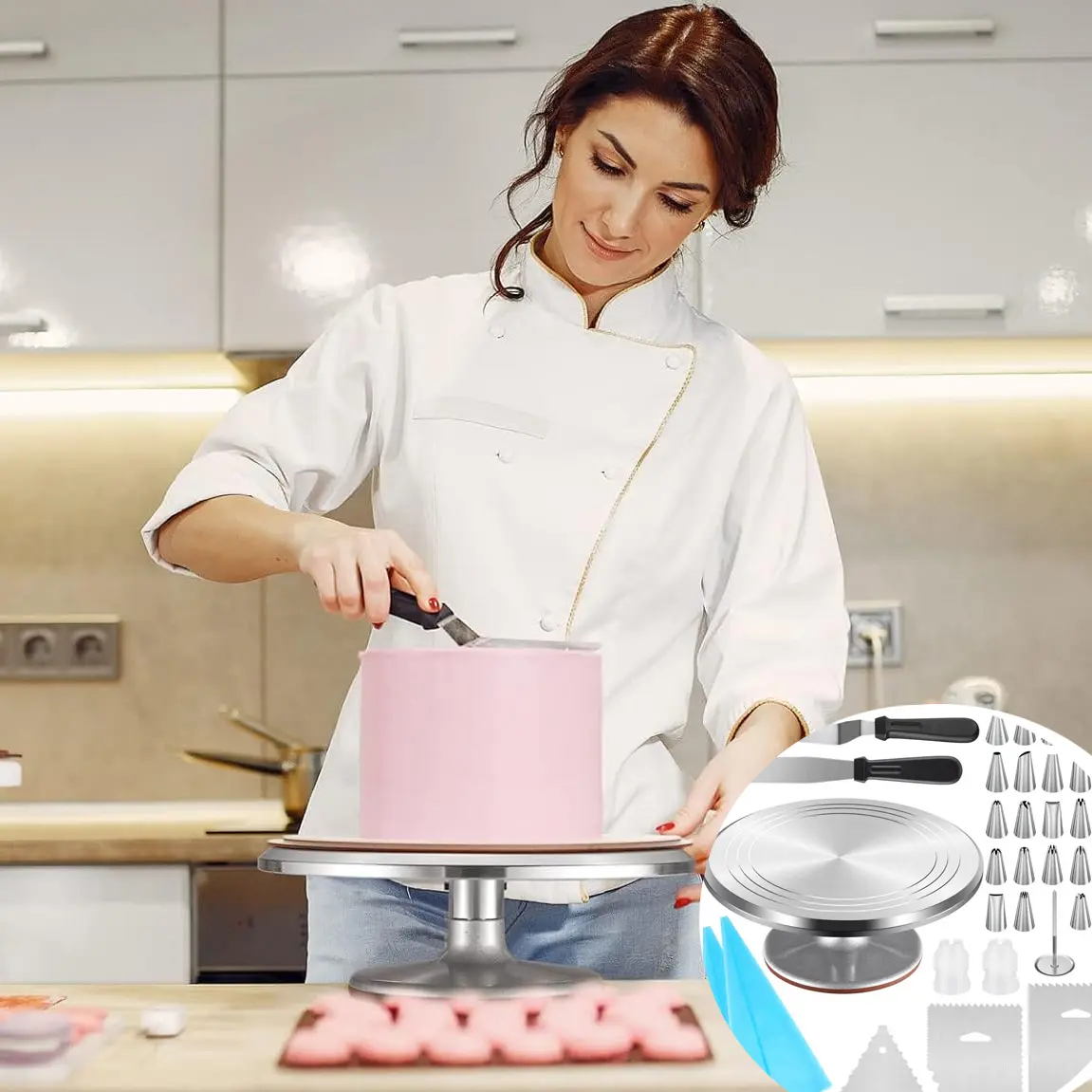 ציוד לקישוט עוגות סט קישוט עוגות אלומיניום 360 פטיפון עוגה מסתובב עם מרית קלע ושקית צנרת