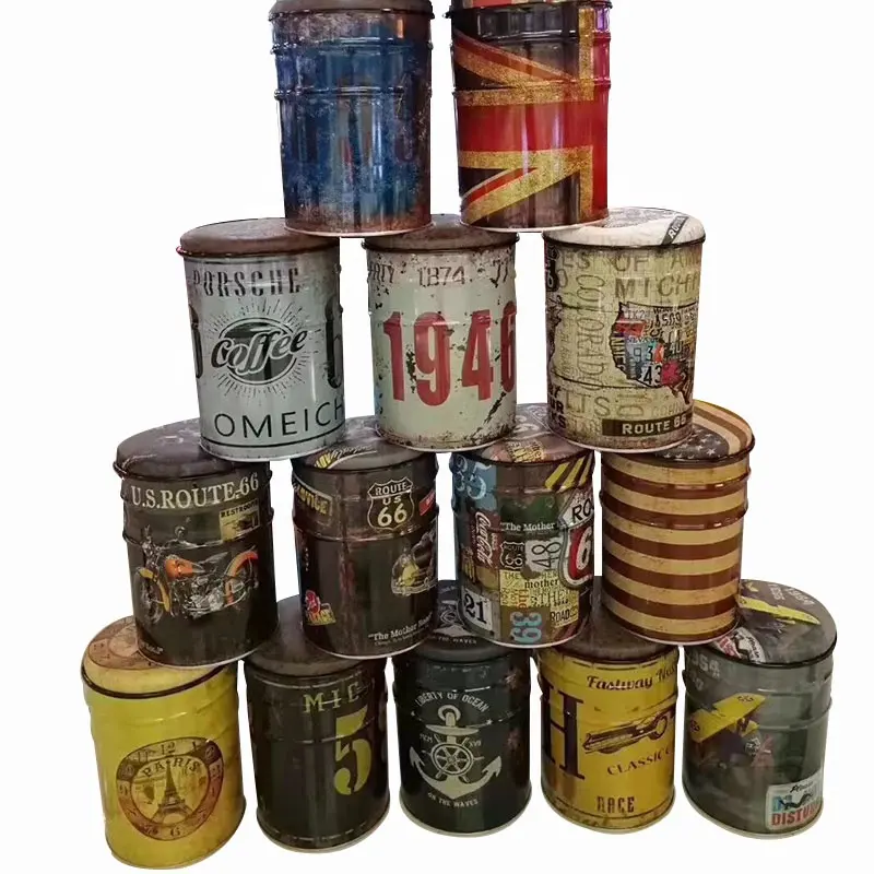 Americano Retro Cubo de aceite Metal Bar taburete tambor pintura barril de la Ruta 66 1946 logotipo tienda de café Mesa Redonda de heces